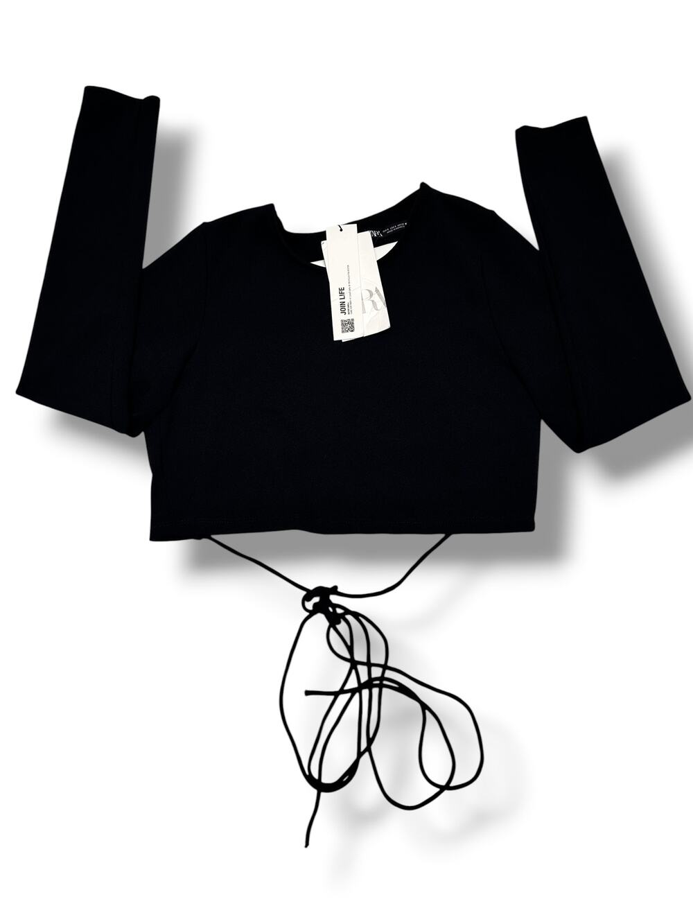 NWT Zara Black Structured Sculpted Scuba Cropped Tie Back Top SIze Small